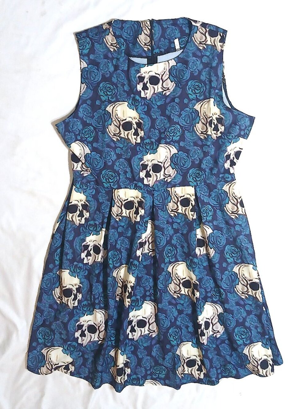 Women’s 3XL Skull Rose Gothic Fit & Flare Dress Blue Sleeveless Back Zip